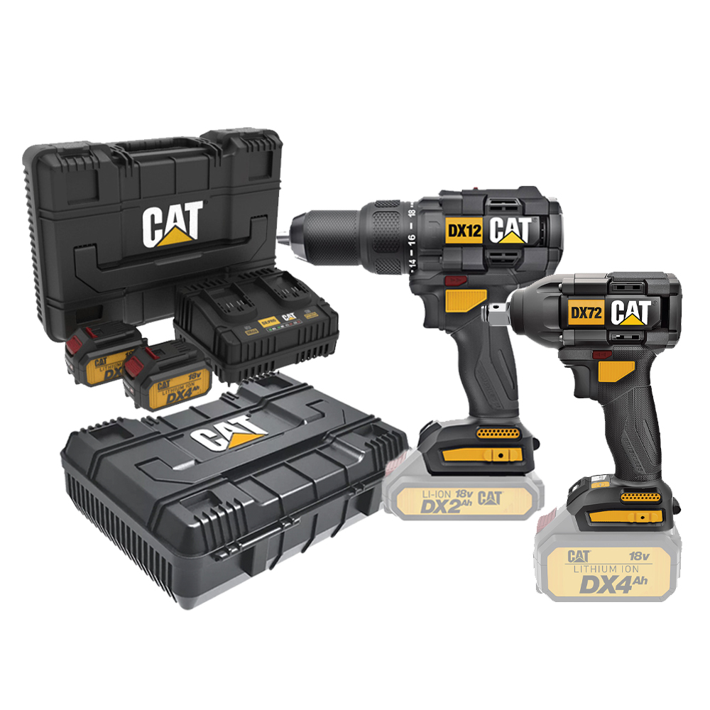CAT Combo-07 Δραπανοκατσάβιδο κρουστικό DX12B + μπουλονόκλειδο DX72B + δώρο 2 κασετίνες + -60% 2 μπαταρίες 4.0Ah DXB4 με διπλό φορτιστή DXC42