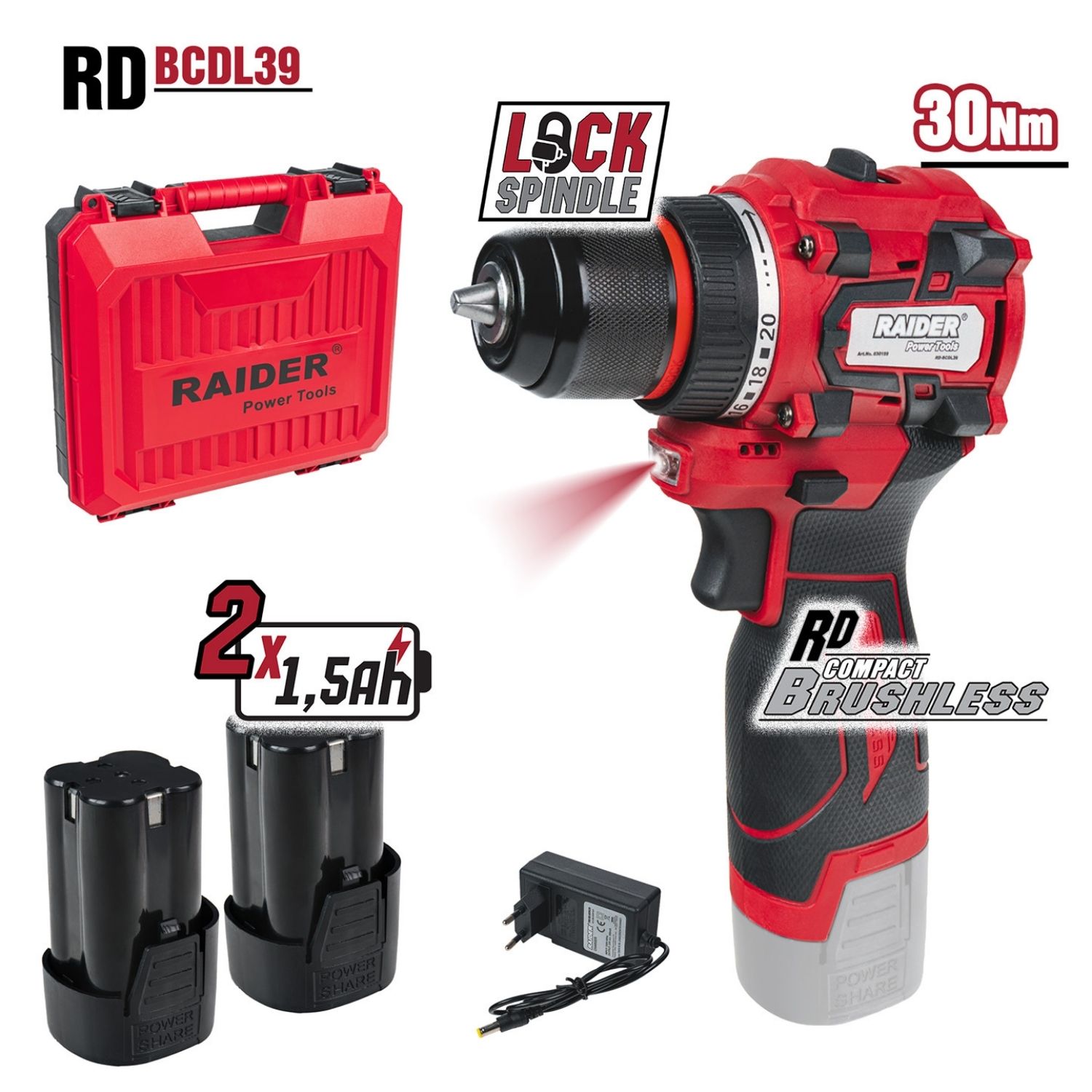 RAIDER Δραπανοκατσάβιδο 16V Li 2x1.5Ah 30Nm RD-BCDL39 030189