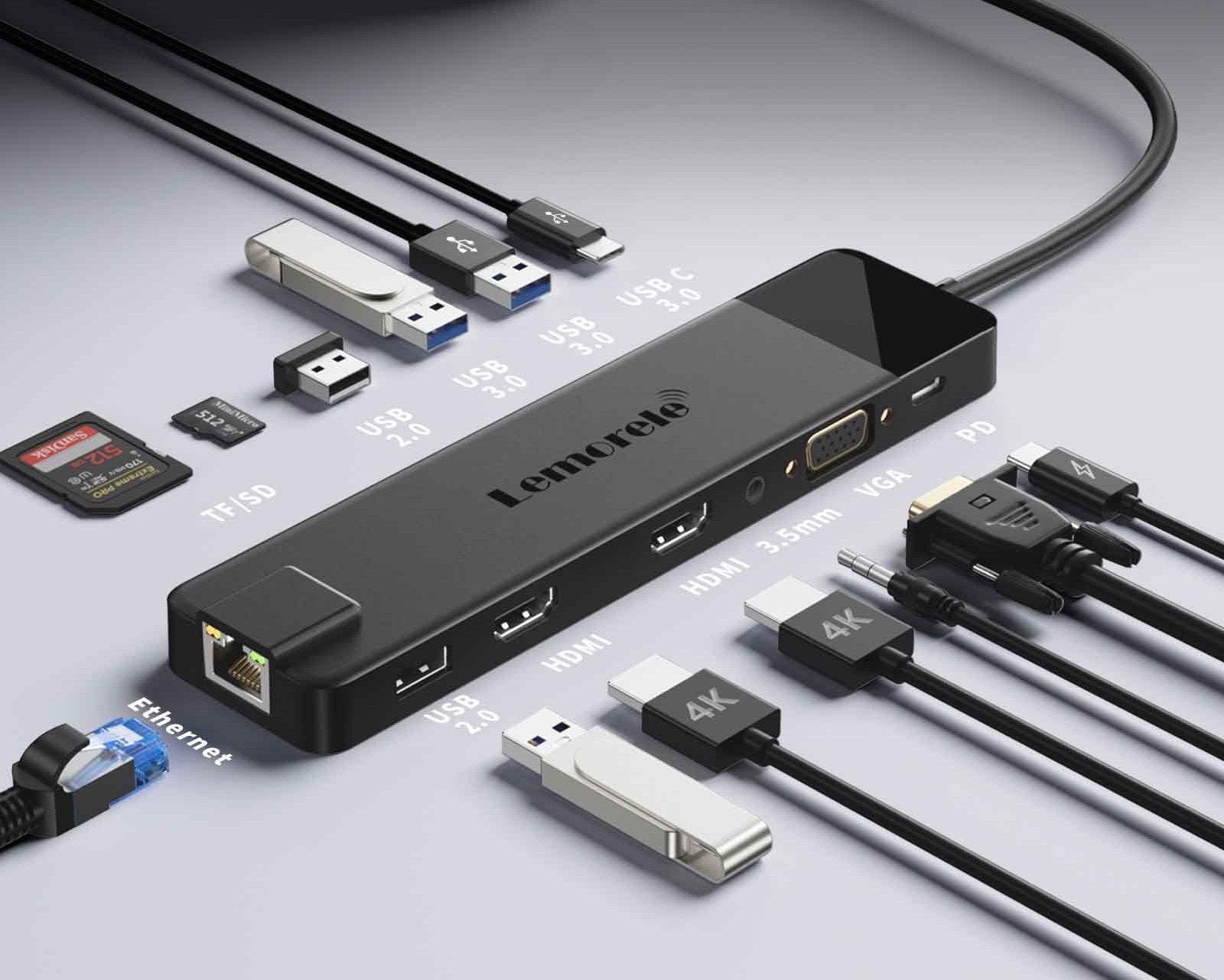 Lemorele TC100 Docking Station 13-σε-1 USB-C Hub με Dual 4K HDMI, VGA, PD 100W, Ethernet, SD/TF & Audio για Laptop / MacBook / Surface - Image 3