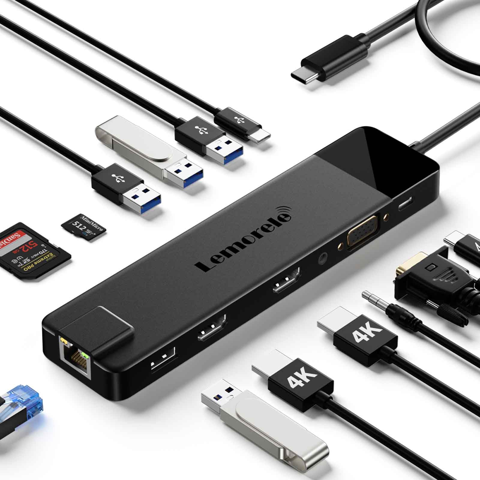 Lemorele TC100 Docking Station 13-σε-1 USB-C Hub με Dual 4K HDMI, VGA, PD 100W, Ethernet, SD/TF & Audio για Laptop / MacBook / Surface - Image 4