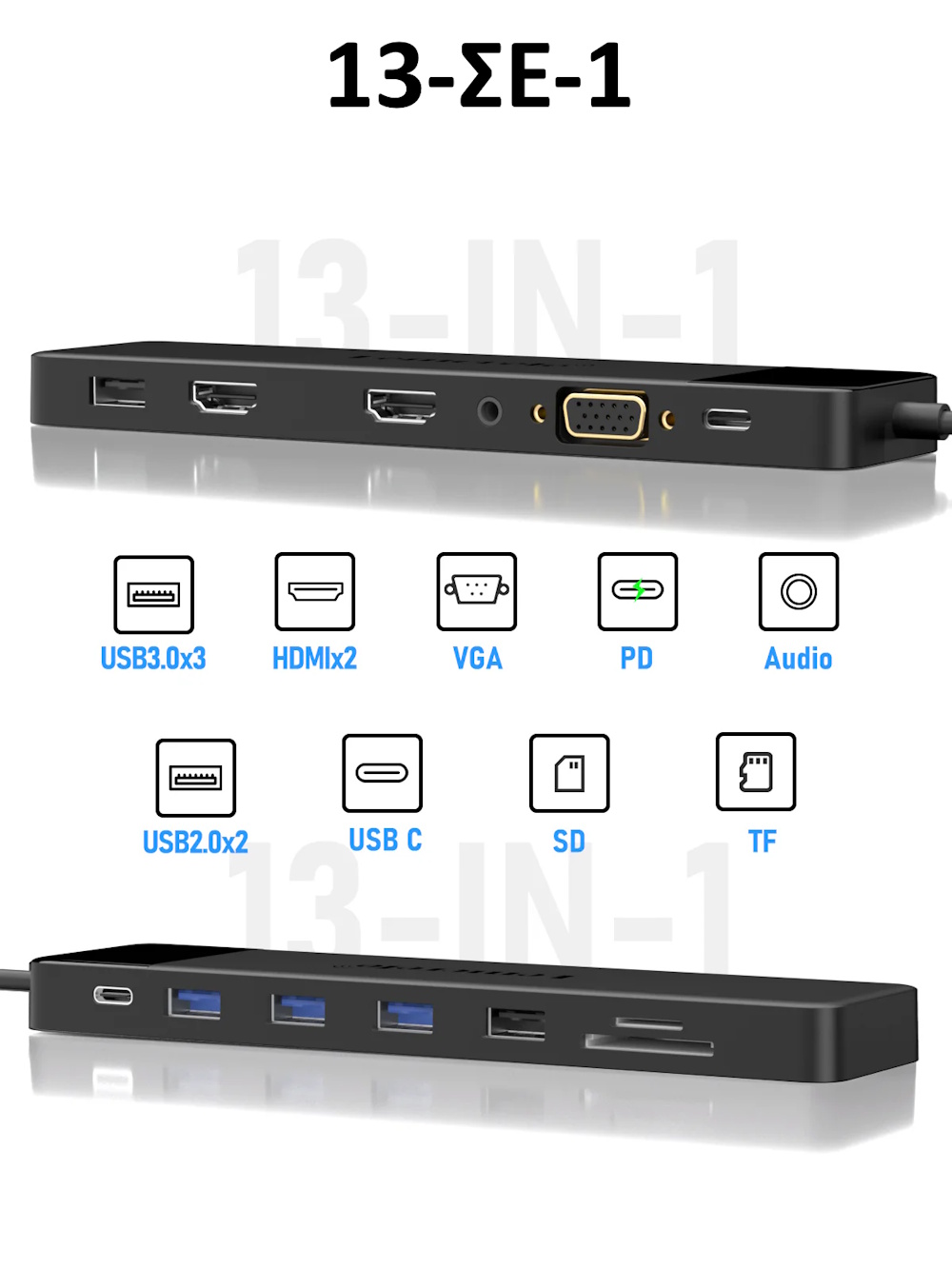 Lemorele TC200 Docking Station 13-σε-1 USB-C Hub για MacBook Pro / Air με Dual 4K HDMI, VGA, PD 100W, SD/TF & Audio Jack - Image 4