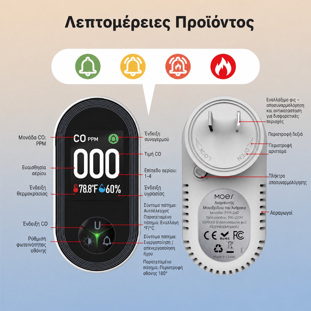 Ανιχνευτής Μονοξειδίου Άνθρακα Plug-In 3-σε-1 με Οθόνη HD - Image 7