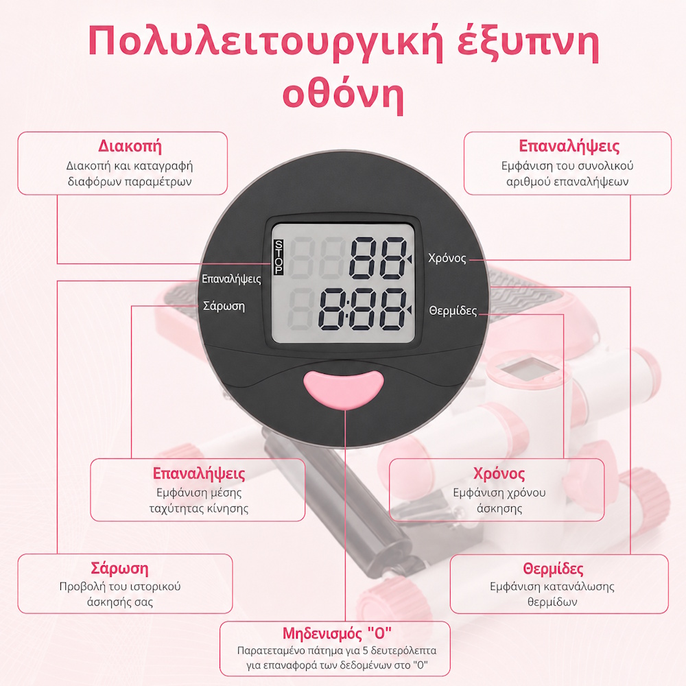 COOWOO CardioRise Stepper με Λάστιχα Εκγύμνασης & Οθόνη - Ροζ - Image 5